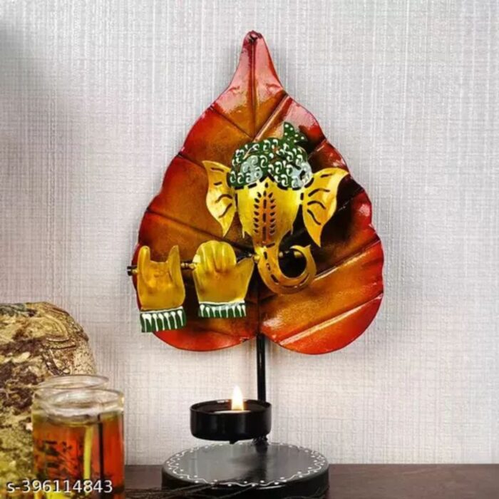 Hand Crafted Metal Lord Ganesha Leaf T-Light Set Of Two Candle Holders - Image 1