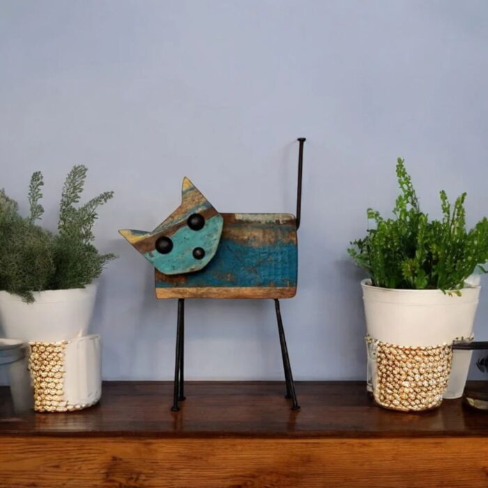 Recycled Scrap Wood And Iron Cat - Image 1