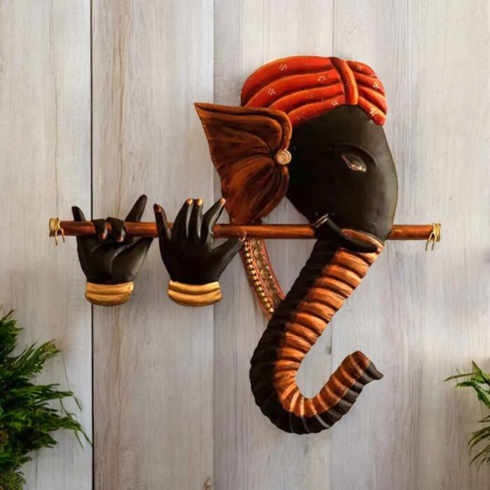 Wrought Iron Ganesha Playing Flute Basuri Wall Art - Image 1