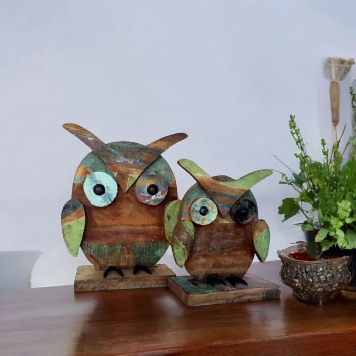 Recycled Wooden & Iron Owl Set - Image 1