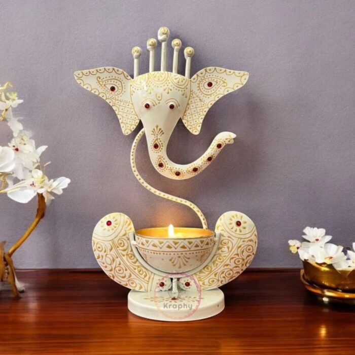 White Ganesh Ji Iron Tealight Candle Holder - Image 1