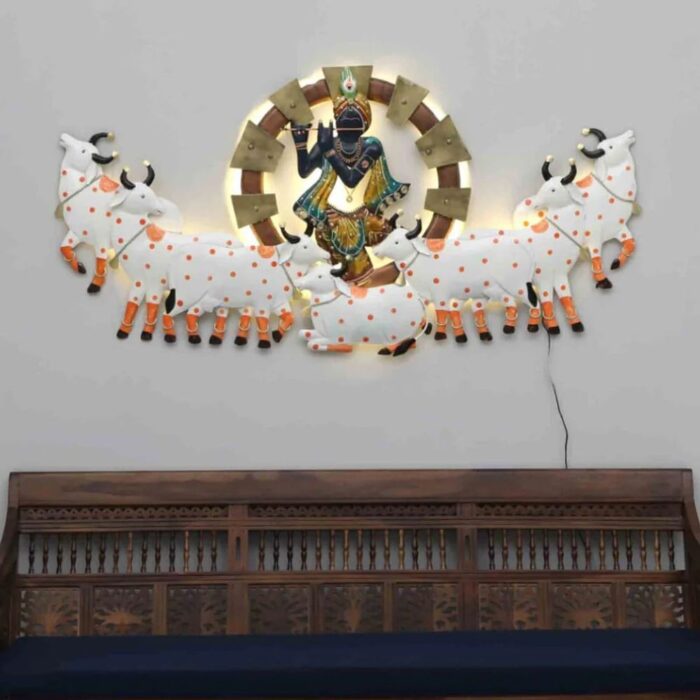 Lord krishna With Cow Back Light Spiritual Metallic Wall Art - Image 1